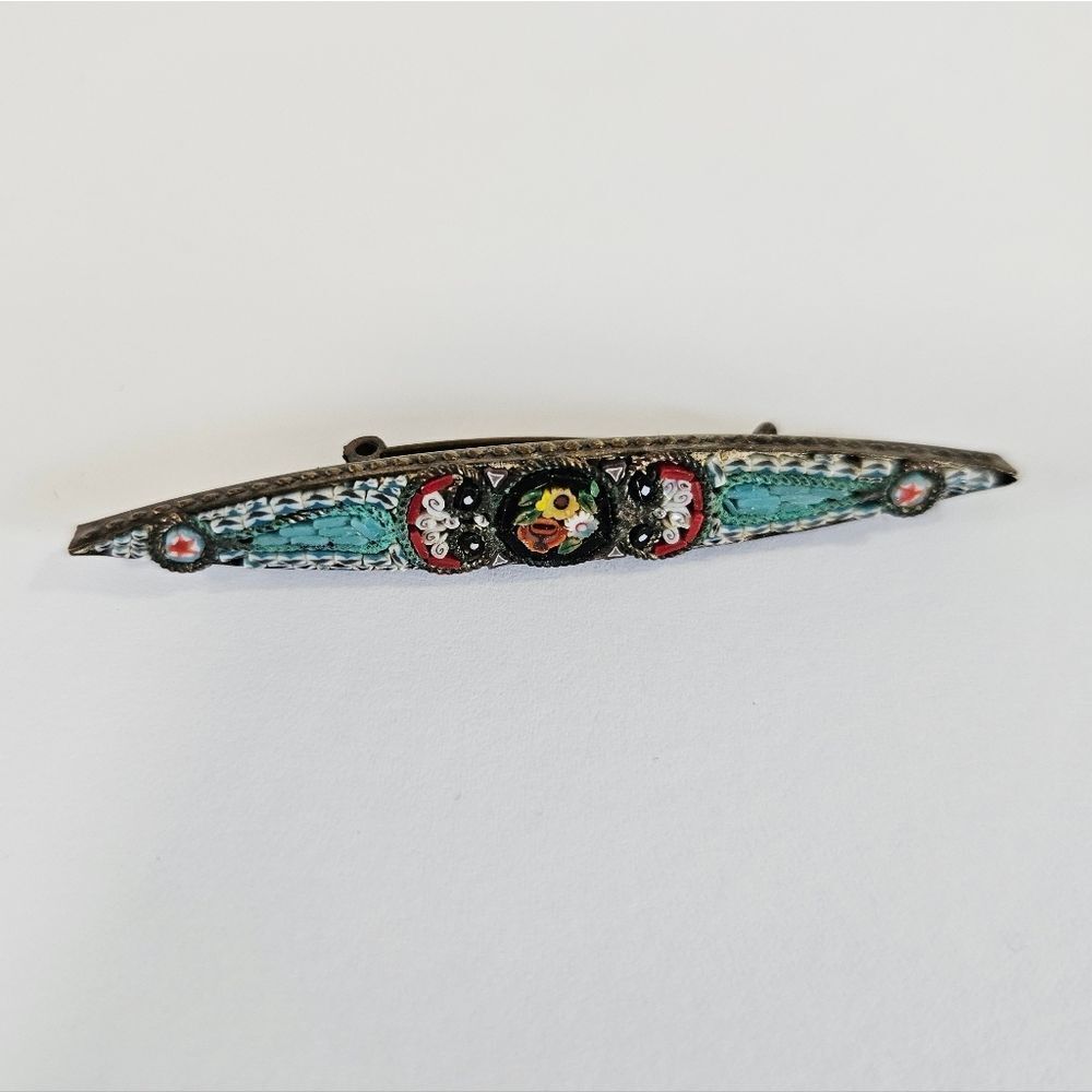 Vintage Millefiori Italian Glass Micro Mosaic Floral Inlaid Roman Bar Brooch Pin
